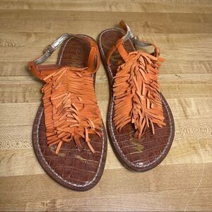 Sam Edelman Gela Womens Sandal Orange Suede Fringe Flat T-Post Boho Festival 6.5